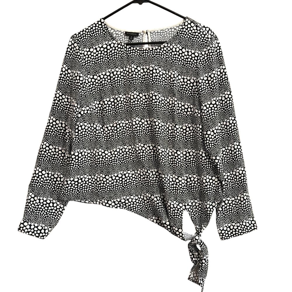 Talbots Womens Blouse Black Cream Circle Print Long Sleeve Side Tie Medium